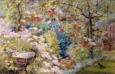 夏の庭鳥、花、噴水のある夏の庭。チャールズ・アール（1832-1893 イギリス）個人蔵