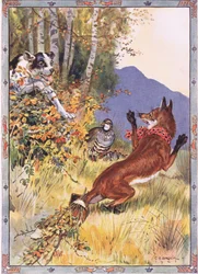 茂みの中から犬が飛び出しました。モーゼスガスター（1856-1939）1921年のルーマニアの伝説の子供たちの物語、キツネと猟犬の物語のシーン