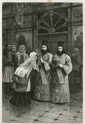 聖画像を接吻させる司祭たち。アンリ・ベルが1861年、1868年、1874年に行ったギリシャ旅行を挿絵にしたシャルル・ドロールの版画。エドゥアール・シャルトン監修の『ル・トゥール・デュ・モンド』掲載