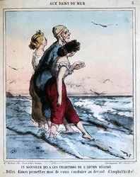 伝統的な男性が2人の若い女性に付き添って海水浴をさせている様子、1850年～70年頃（カラーリトグラフ）