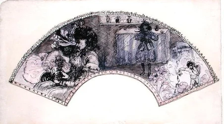 扇子のデザイン（Le Boudoir）（紙にペンとインク、水彩画