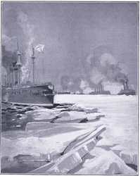 ウラジオストク艦隊、ウラジオストク港から氷を押し出す、カッセルの日露戦争1巻、1900年頃のイラスト