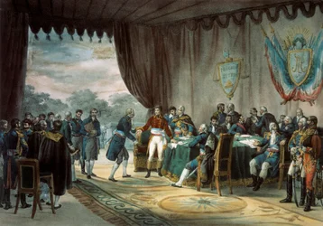 1800年9月30日のモルトフォンテーヌ条約で、ナポレオン・ボナパルト（1769-1821）に代表されるフランスがルイジアナをアメリカに売却した際の署名。C. Motteによるリトグラフ（19世紀） Paris, B.N.