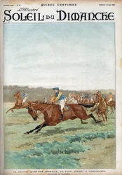Horse race: "La grande forzaine sportive: a false departure on the Longchamps racecourse".コンダミーの水彩画 「Le sun-du-dimanche」6月18日号に掲載されたエングレーヴィング
