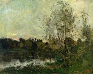 夕暮れの森の湖、1865年頃