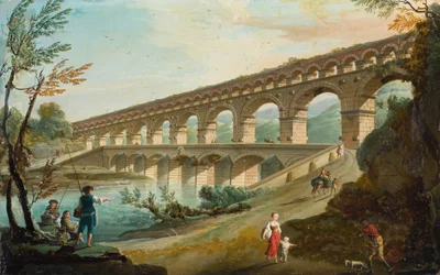 二重の水路橋のそばの道を行く人物のいる川の風景（油彩・キャンバス）