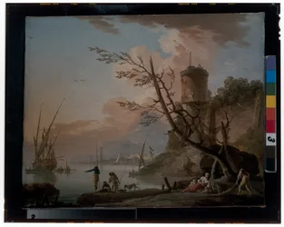 塔の下で休む女性たちと釣りをする男たち