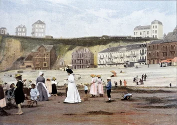 ビーチで。 1900年頃のジロットによる版画。