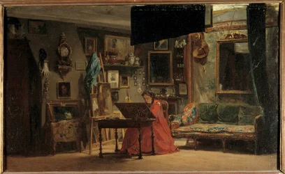 マチルド王女（1820-1904）のアトリエ（Rue de Courcelles）にて マチルド・レティツィア・ボナパルト王女のオフィス前にて。セバスチャン・シャルル・ジロー（1819-1892）による絵画。19世紀。薄さ0.32 x 0.52 m パリ、カルナヴァレ美術館