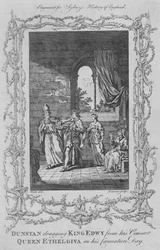 ダンスタンは1773年の戴冠式の日に彼の配偶者女王エセルギバからエドウィ王を引きずりました。