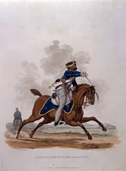 Colnaghi und Co. 1812-15によって発行されたJCスタドラーによって刻まれた「大英帝国の陸軍の衣装、最後の規則1812による」からの第13軽竜騎兵のプライベート。