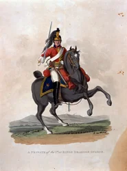 Colnaghi und Co. 1812-15によって発行されたJCスタドラーによって刻まれた「大英帝国陸軍の衣装、最後の規則1812による」の1人目のプライベート、またはキングのドラグーンガード