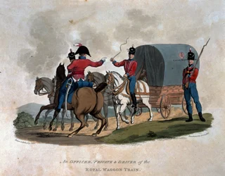 Colnaghi undによって発行されたJCスタドラーによって刻まれた「1812年の最後の規則によると大英帝国の軍の衣装」からのロイヤルワゴントレインの役員、私用、および運転手