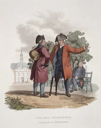 ジョセフコンスタンティンスタッドラー（fl.1780-1812）によって刻まれた「大英帝国の軍の衣装」からのチェルシー年金受給者、騎兵および歩兵、1812-15年公開