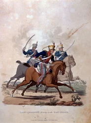 Colnaghi und Co. 1812-15によって発行されたJCスタドラーによって刻まれた「大英帝国軍のコスチューム、最後の規則1812による」から東インド諸島に仕える軽い竜騎兵1812-15（色