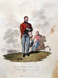 Colnaghi und Co.から出版されたJCスタドラーによって刻まれた「大英帝国の軍の衣装、最後の規則1812による」からのバスの歩兵騎士長官の少将。