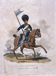 Colnaghi und Co. 1812-15によって発行されたJCスタドラーによって刻まれた「大英帝国の軍のコスチューム、最後の規則1812による」からの王立大砲搭載ロケット隊