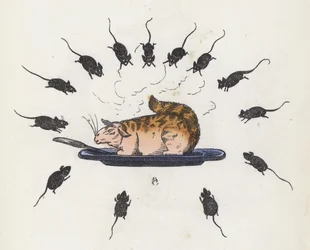 皿の上の大食漢の猫が空腹のネズミに囲まれている（彩色済み彫刻
