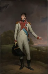 オランダ王ルイ・ナポレオンの肖像 ルイ ナポレオン (1778-1846)、1806 年から 1810 年までオランダの王であり、ライフ ガードの制服を着て歩いており、オランダ連邦王立勲章のグランド クロスと L のオフィサーズ クロスで飾られています。