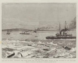 HMSビクトリア号の喪失、船が沈んだ後のシーン、旗艦の生存者を拾うボート