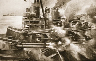 彼女のすべての歯を一度に噛む：1915年の「The Illustrated War News」からの偉大な近代戦艦の広い側面の途方もない力