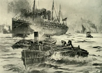 「戦争の勃発 - ケープに向けてイギリスを出発する輸送船」、1900 年。
