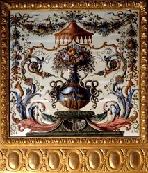 Chateau de Vaux Le Visomte（ヴォー・ル・ヴィコント）のダイニングルームの装飾パネル。シャルル・ルブラン（ル・ブラン）（1619-1690）の絵画 1656年 セーヌ・エ・マルヌ河畔のヴォー・ル・ヴィコント城。