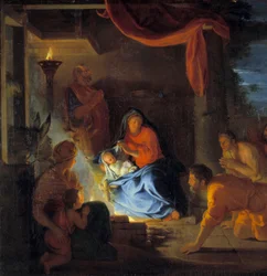 羊飼いたちの崇拝」。シャルル・ルブラン（Le Brun）（1619-1690）による絵画の詳細 1690年 日1,51×1,17メートル