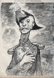 ドレフュスの大喜利の役者たち - フランス軍のRaoul Le Mouton de Boisdeffre (General de Boisdeffre) (1839 -1919)の肖像 - Charles Leandre (1862-1934)が1898年に「Le Rire」に掲載した漫画