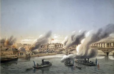 パリのコミューン、血の週。"" La Flotille de la Seine forcing the entrance of Paris to the Barricade du Point du Jour (1871年5月21日) - Engraved by Charles Leduc (1831-1911)