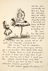 アリスはパブのアリスアドベンチャーアンダーグラウンドからのイラスト、ブルーキャタピラーからアドバイスを受けています。 1886（ファクシミリ）