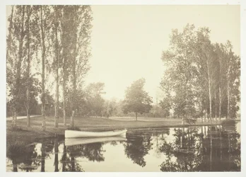 無題、c。 1850. [パリの公園、ブローニュの森の湖でのボート]。