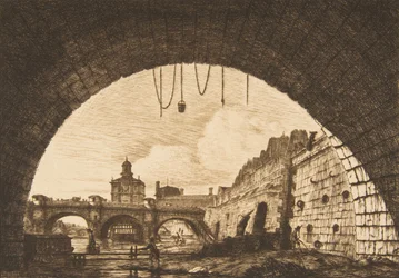 Pont-au-Change Pont-neuf の最初のアーチの下から見た Pont-neuf と Samaritaine...、1855 年。