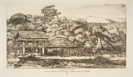 アカロア、バンクス半島の先住民の納屋と小屋、1845年、『ニュージーランドへの航海（1842-46年）』より