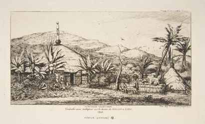 ニューカレドニア：バラドからプエボへの道にある大きな先住民の小屋、1845年、『ニュージーランドへの航海（1842-46）』より