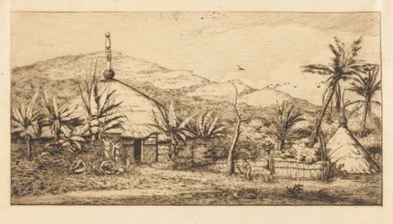 ニューカレドニア: バラードからプエボへの道にある大きな先住民の小屋、1845年