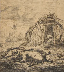 小屋の前に横たわる 3 匹の豚、1850 年。