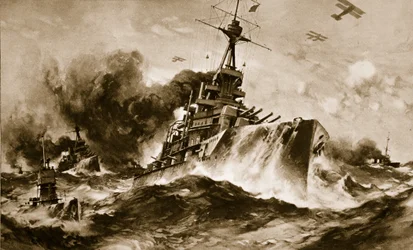狭い海を疾走する英国戦艦隊（リトグラフ）
