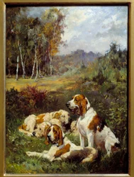 4匹の狩猟犬シャルル・オリヴィエ・ド・ペンヌ（1831-1897）の絵画