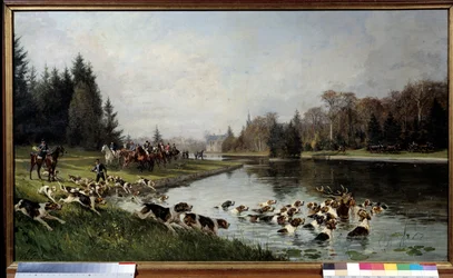 レースを狩る。シャルル・オリヴィエ・ド・ペンヌ（1831-1897）による絵画「サルヴィの池での鹿のハラリ、オマール公爵の狩り」1880年 Sun.0,77x1,33 m Chantilly, musee Conde - 猟犬への狩り。サルヴィの池での鹿のハローワーク、の狩猟