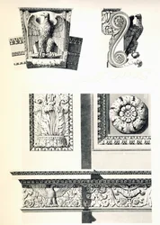 シャルル・ペルシエ（1764-1838）とピエール・フランソワ・レオナルド・フォンテーヌ（1762-1853）によるカルーゼル凱旋門の鷲、ロゼット、アカンサスの葉の装飾、ルイ・ピエール・バルタール（1764-1846）によるエングレーヴィング、詳細、フランス