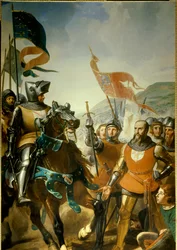百年戦争（1337-1453）：「ベルナール・デュ・ゲスクラン（1320-1380）がナバラ王の軍隊に勝利したエヴルー近郊のコシェルの戦い（1364年5月16日）」の詳細 シャルル・フィリップ・ラリヴィエール（1798-1876）による1837年頃の絵画 日。4.2x2.6 m.
