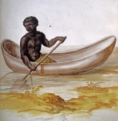 カリブ海でカヌーに乗る青年、1686年頃（水彩画）