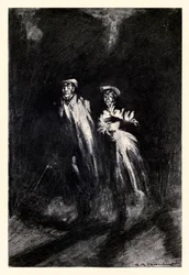 ロバート・ルイス・スティーブンソン（1850-1894）の「ジキル博士とハイド氏の奇妙な事件」から「ロウソクの光を彼らの足元に投げつけた」Charles Raymond Macauley（1871-1934）が挿絵を描いています。