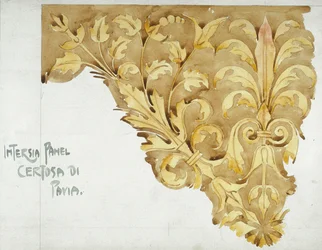 インターシアパネル、パヴィア修道院、1891年（紙に鉛筆と水彩）