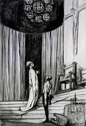 ワーウィックと死刑執行人、ジョージバーナードショー作「セントジョーン」のシーン、c.1924（木炭、紙）