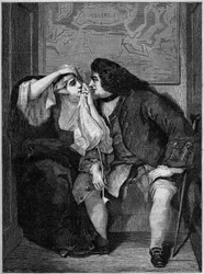 ローレンス・スターンの小説 "The Life and Opinions of Tristram Shandy, Gentleman"(1713-1768)の挿絵。トビーおじさんとワッドマン未亡人。マンチェスター展に出品されたチャールズ・ロバート・レスリー（1794-1859）の絵より。"Le Monde Illustré "に掲載されたエングレーヴィング