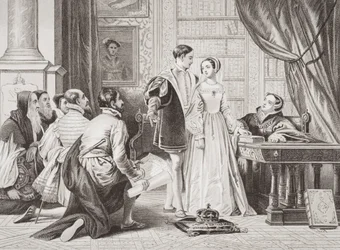 レディジェーングレイが1553年7月8日、シオンハウスの王冠を受け入れるのを嫌がる「英語とスコットランドの歴史の図解」第I巻
