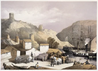 Ch.Hardingeの "Sebastopol "に登場するバラクラバ港。ヴィンセント・ブルックスによるリトグラフ、1855年ロンドン生まれのヘンリー・グレイヴス。
