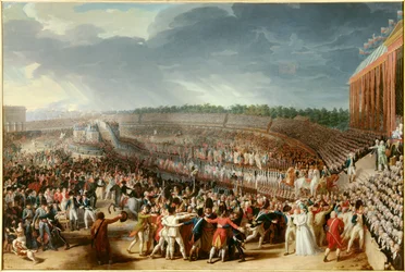フランス革命：「1790年7月14日のシャン・ド・マルスでの連盟祭」- シャルル・テヴナン（1764-1838）による絵画、1790年、太陽、1,27x1,83 m、パリ、カルナヴァレ美術館